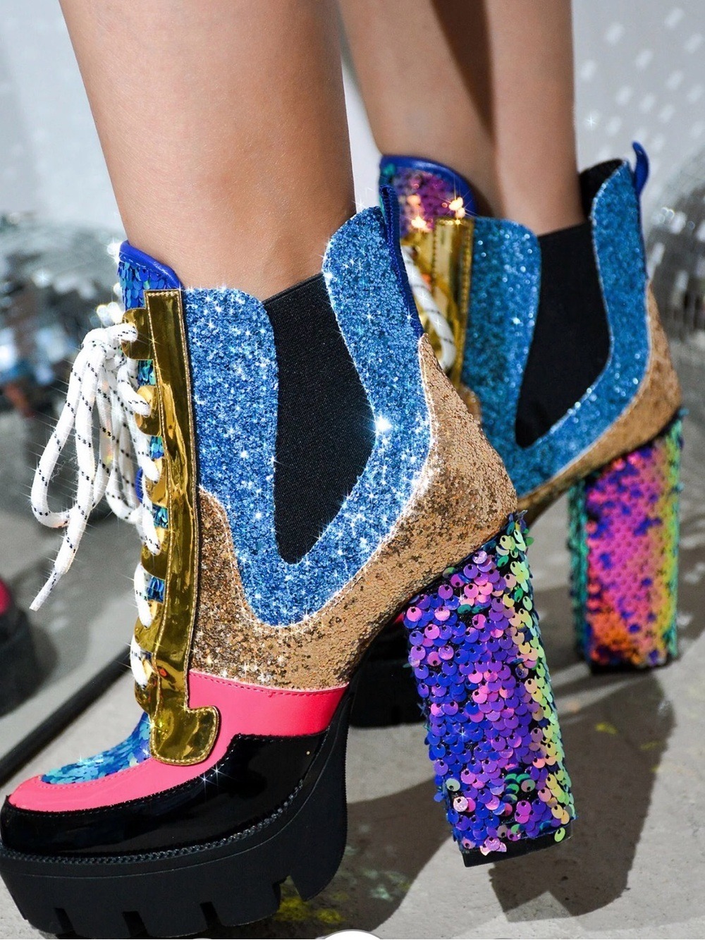 🎃 SALE- Cape Robbin Multicolor Sequin Platform Glitter Lace-Up Heeled Boots - Picture 12 of 12
